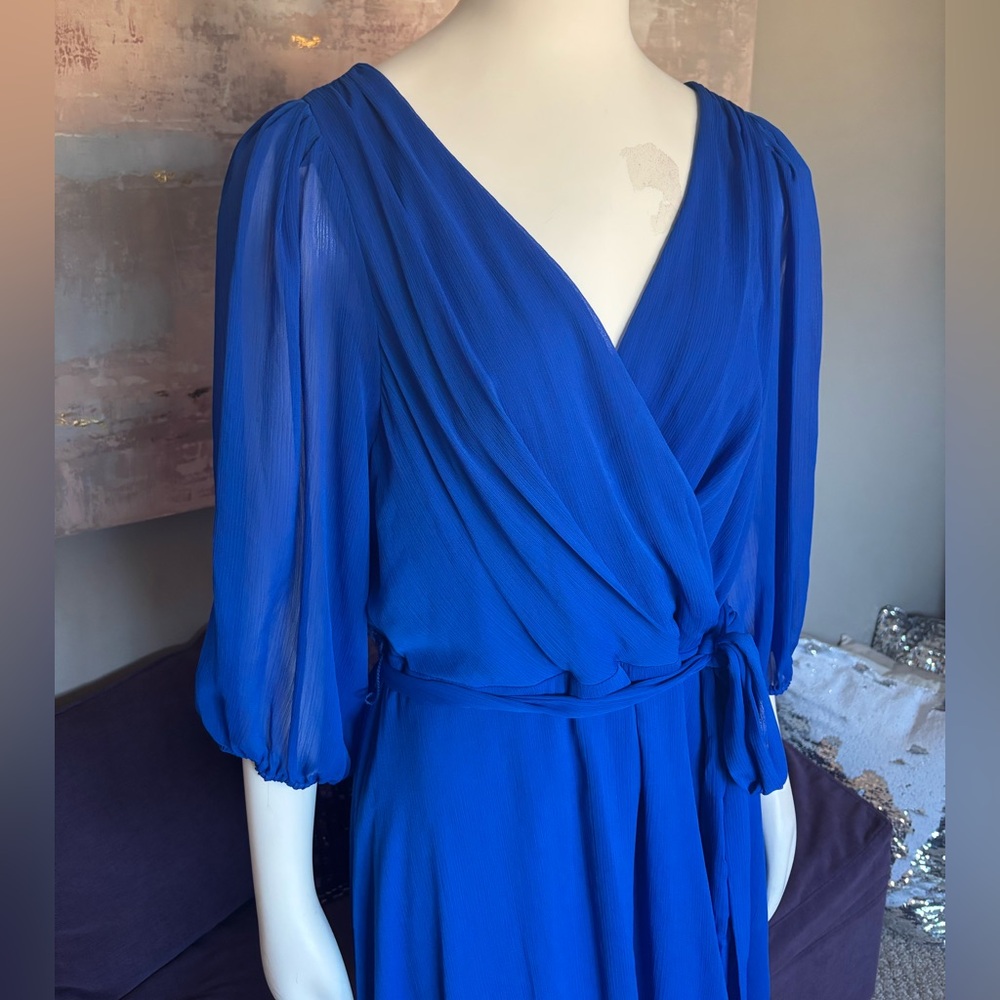 DKNY Blue Faux Wrap Dress with V-Neck and Bishop Sleeves NWT size 16 - Picture 5 of 12